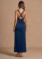 Silken Sheath Cowl V Neck Sleeveless Cross Back Midi Length For Ladies Prom Dress