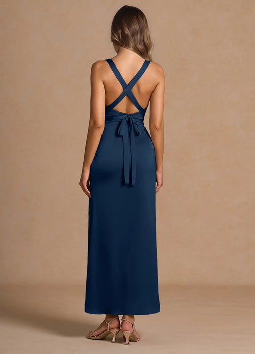 Robe de bal mi-longue fourreau en satin, encolure en V, sans manches, dos croisé pour femme