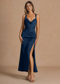 Silken Sheath Cowl V Neck Sleeveless Cross Back Midi Length For Ladies Prom Dress