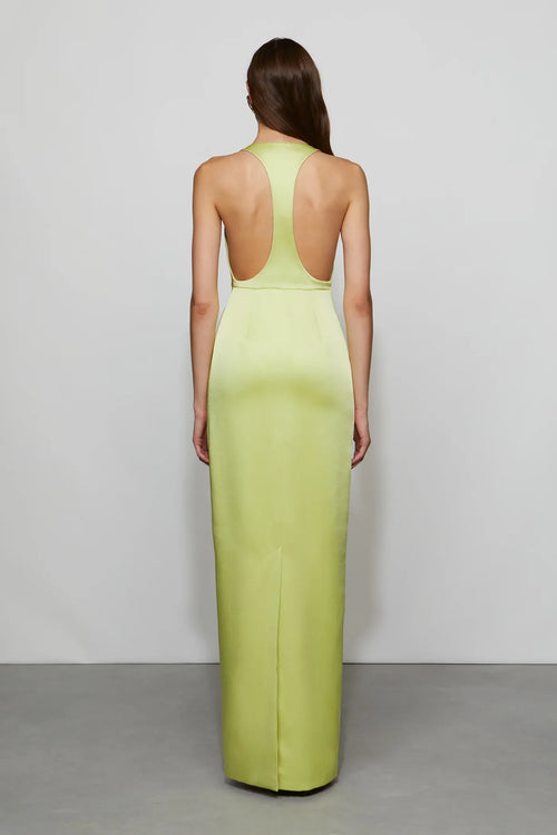 Robe de bal longue en satin soyeux sans manches avec licou et dos découpé pour femme