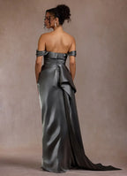 Silky Sheath Off-Shoulder Sleeveless Open Back Train Length Female Prom Dress