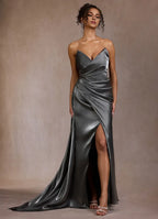 Silky Sheath Off-Shoulder Sleeveless Open Back Train Length Female Prom Dress