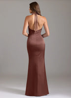 Silky Sheath Plunging Halter Neck Sleeveless Tie Back Floor Length For Women Prom Dress