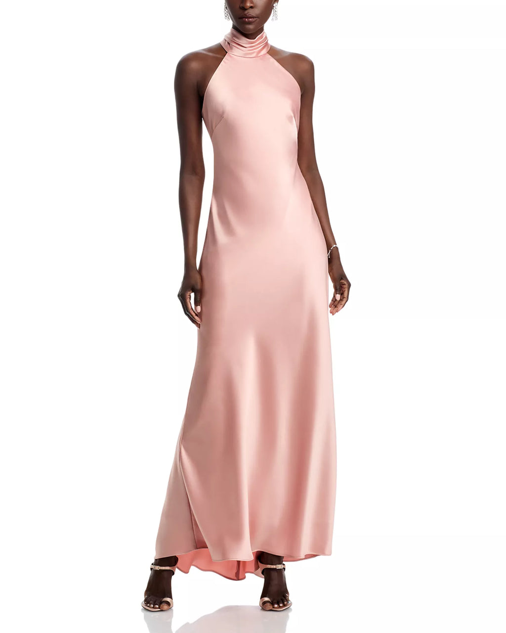 Silky Slip Halter Neck Sleeveless Bow Back Floor Length For Adults Prom Dress
