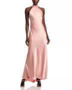 Silky Slip Halter Neck Sleeveless Bow Back Floor Length For Adults Prom Dress