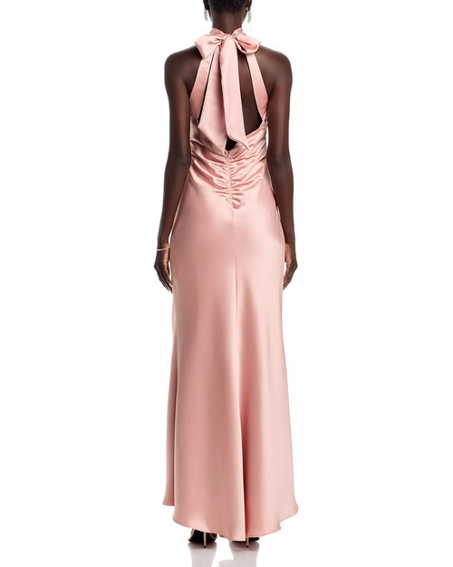 Robe de bal longue en soie fluide à col licou, dos nu avec nœud, sans manches, pour adultes