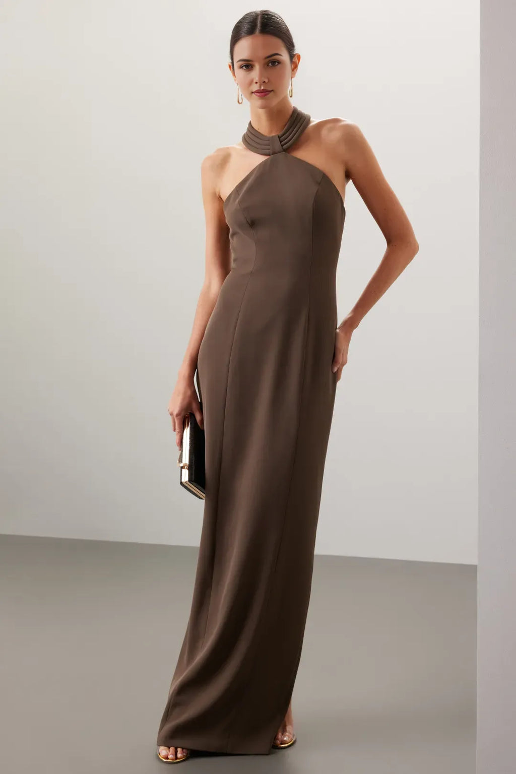 Simple Sheath Halter Neck Sleeveless Open Back Floor Length Plus Size Prom Dress
