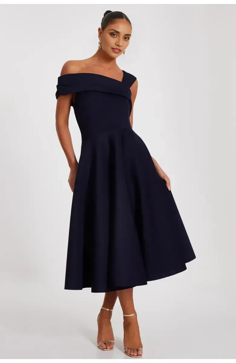 A-Line Asymmetric-neck Sleeveless Backless Tea-Length Prom Dress