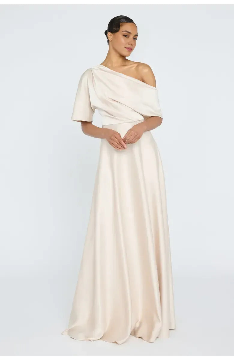 A-Line Asymmetrical Neck Short Sleeve Floor-Length Prom Dress
