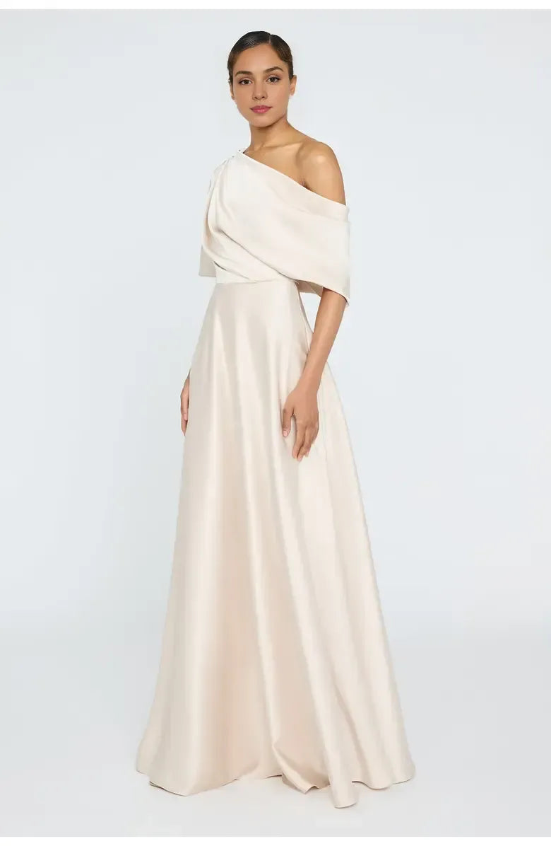 A-Line Asymmetrical Neck Short Sleeve Floor-Length Prom Dress
