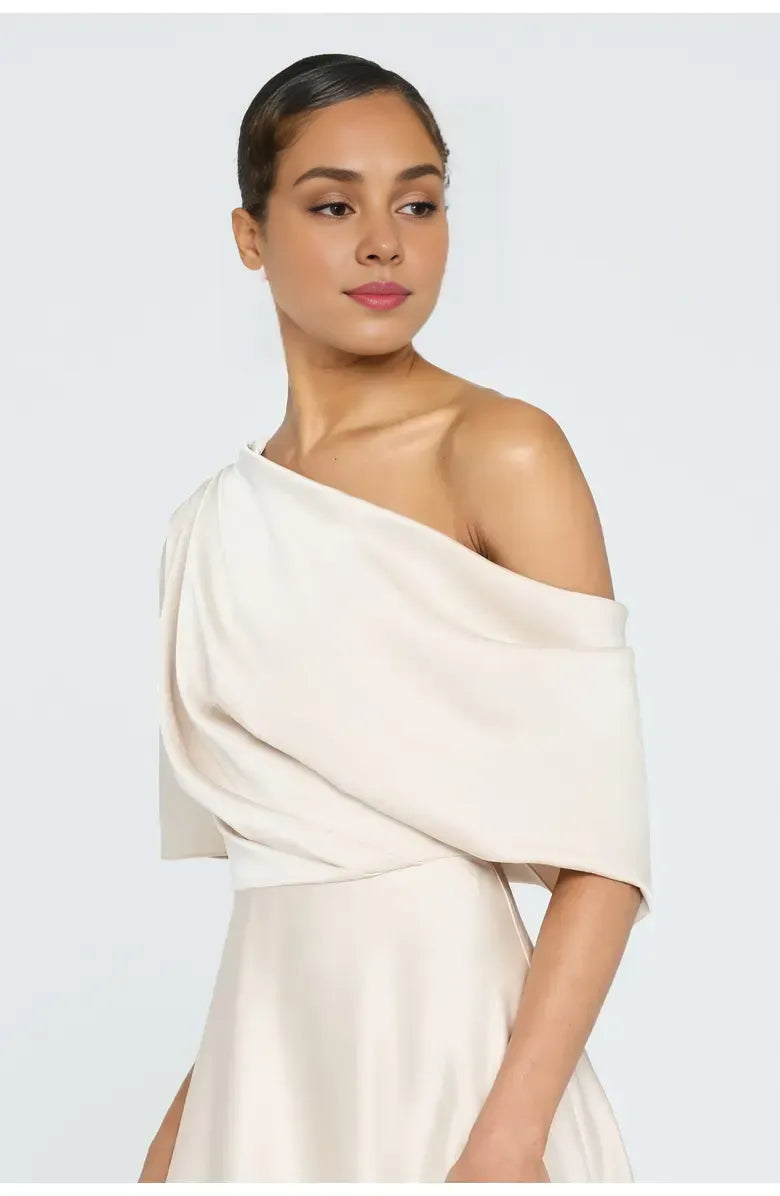 A-Line Asymmetrical Neck Short Sleeve Floor-Length Prom Dress