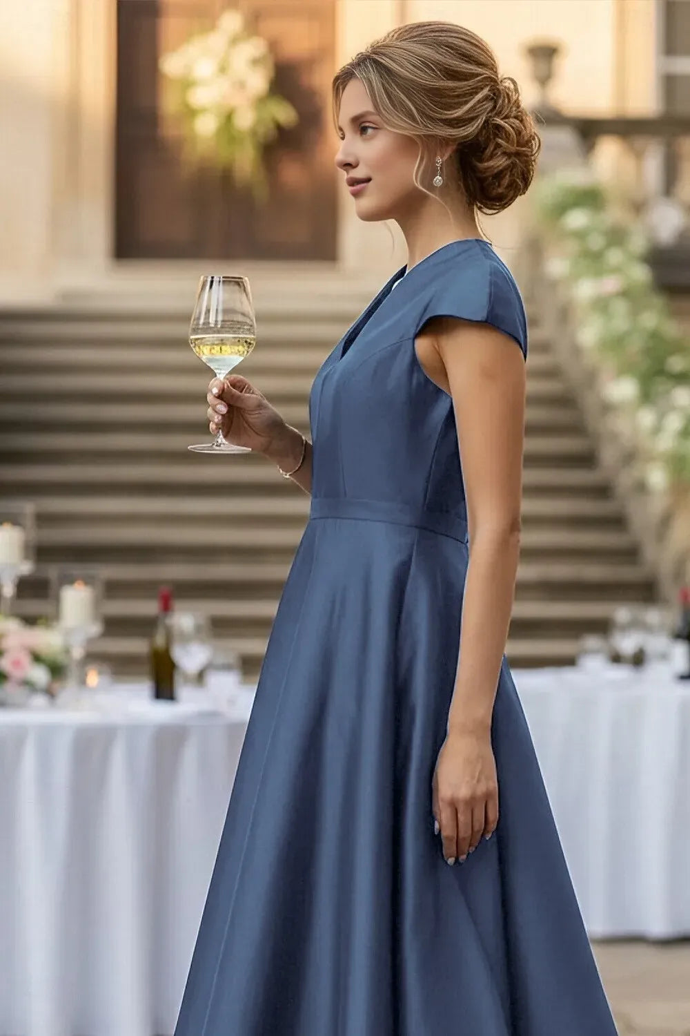 A-Line Cap Sleeve High Neck Solid Color Ankle-Length Mother Of The Bride Dress