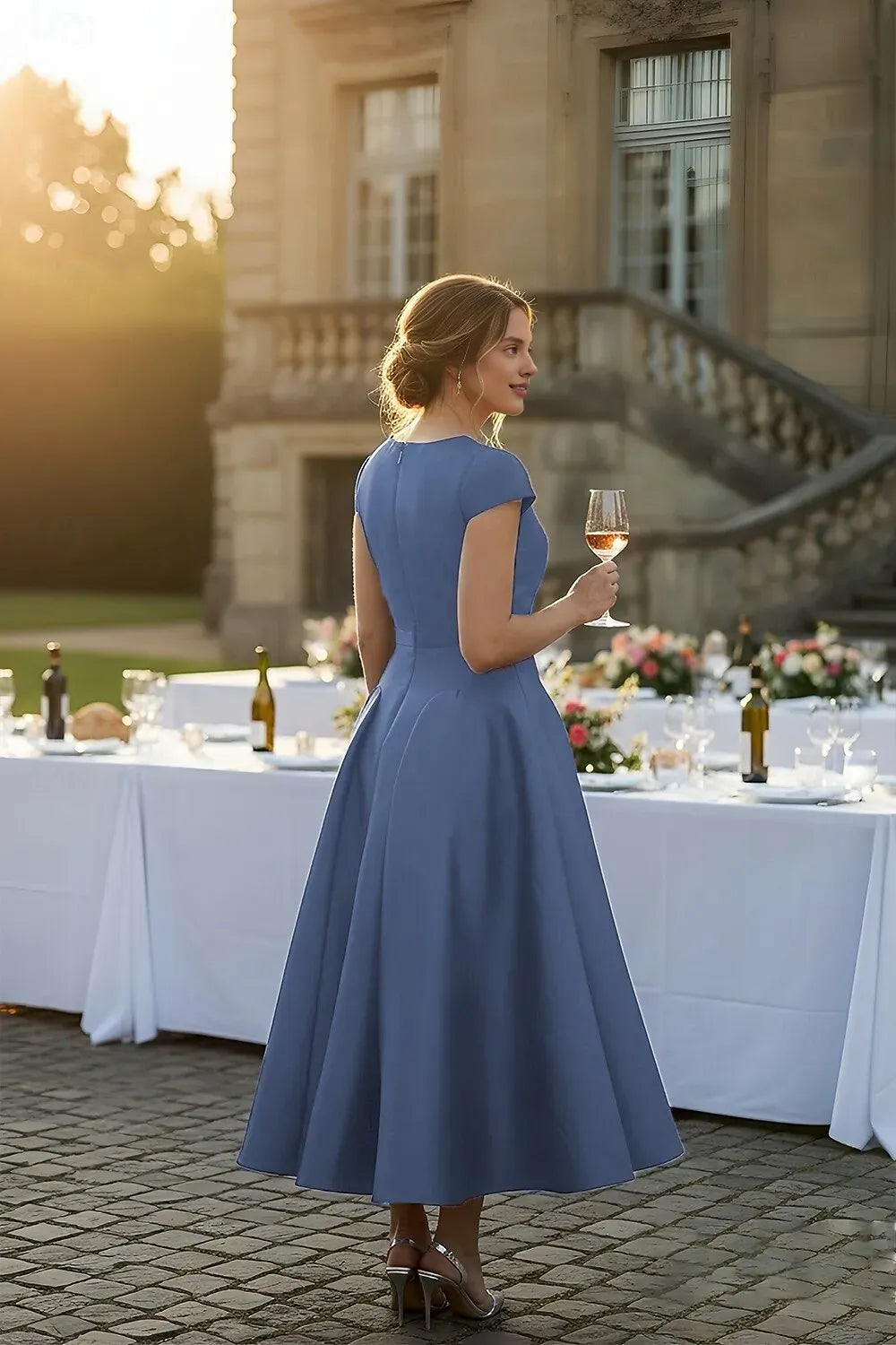 A-Line Cap Sleeve High Neck Solid Color Ankle-Length Mother Of The Bride Dress