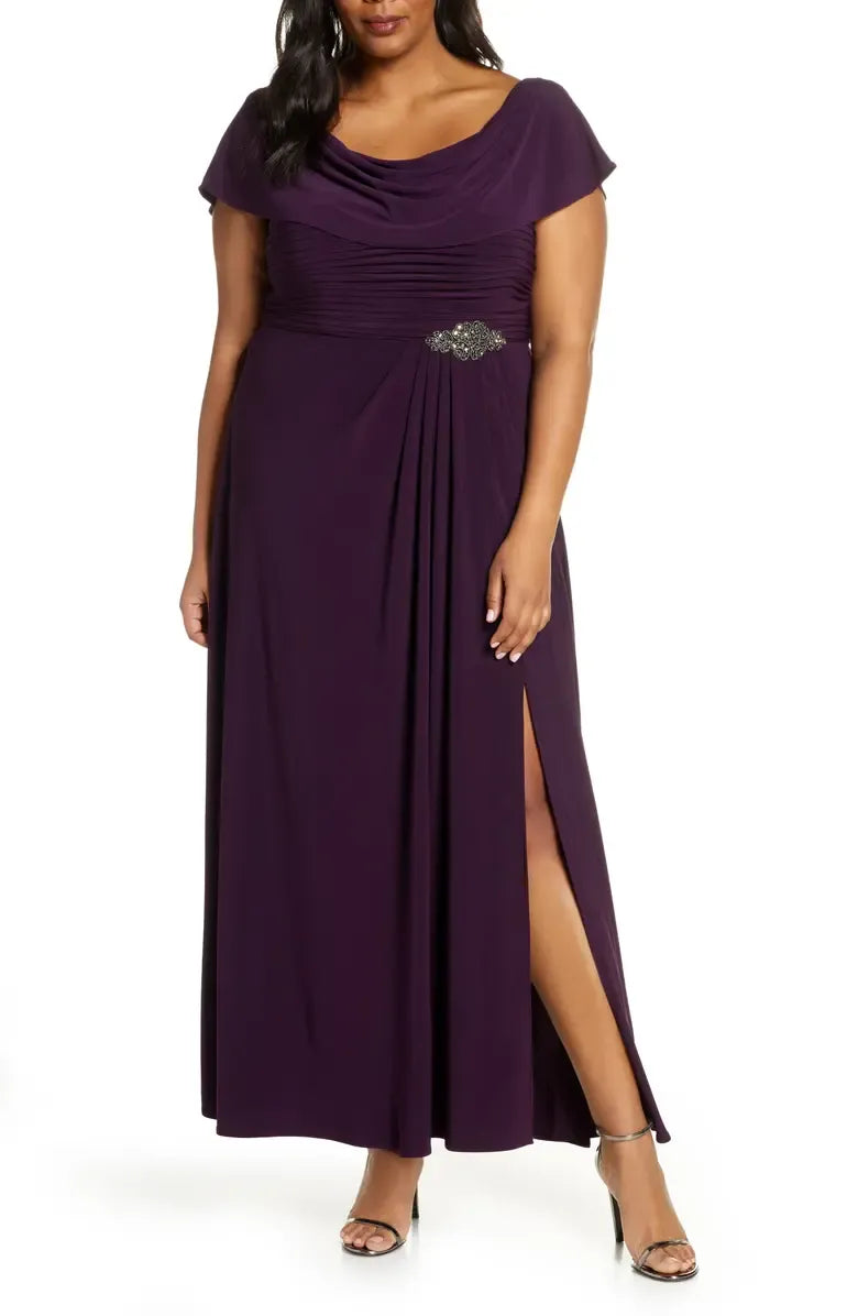 A-Line Cowl Neck Cap Sleeve Ankle-Length Plus Size Mother of the Bride Dress
