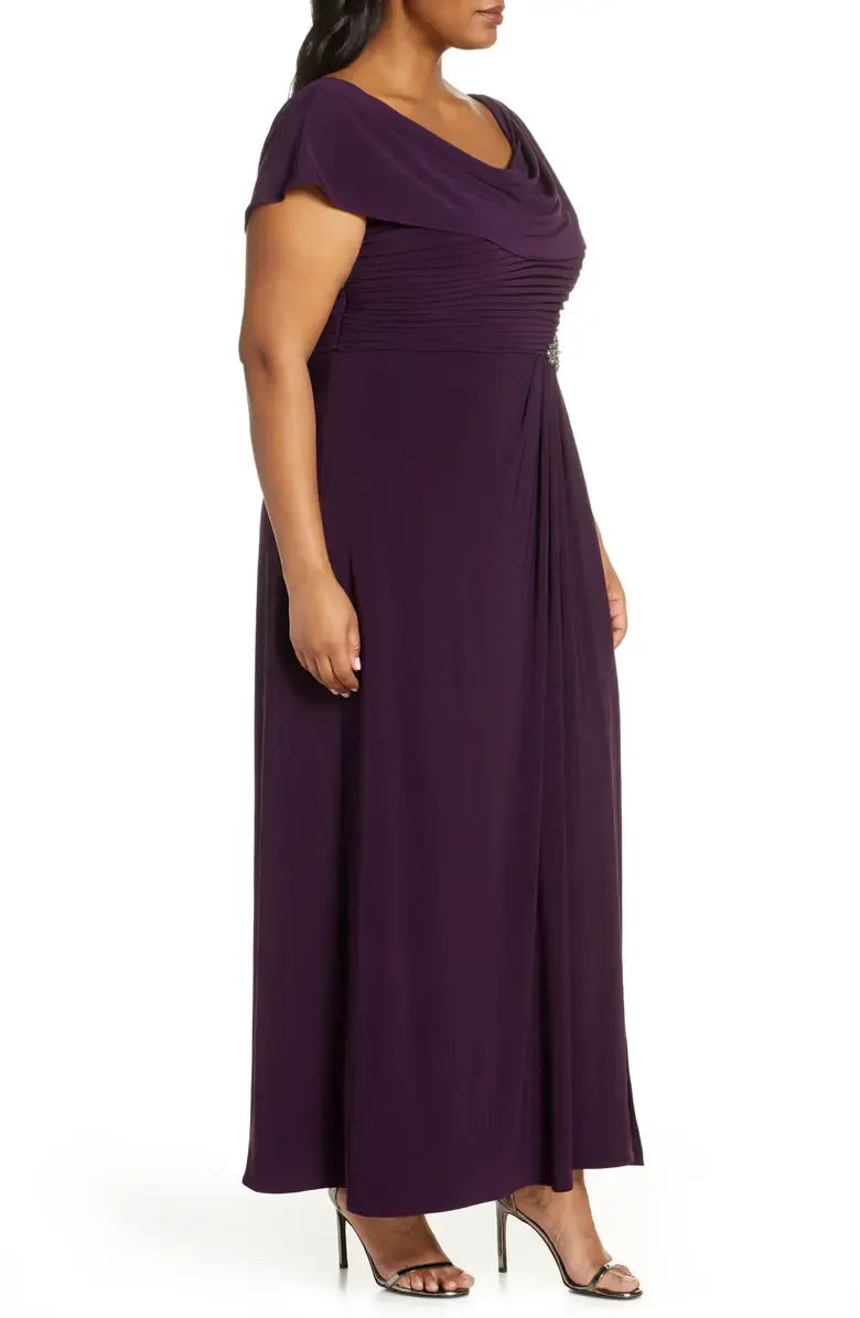 A-Line Cowl Neck Cap Sleeve Ankle-Length Plus Size Mother of the Bride Dress