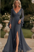 A-Line Deep V-Neck Long Sleeve Floor-Length Evening Dress