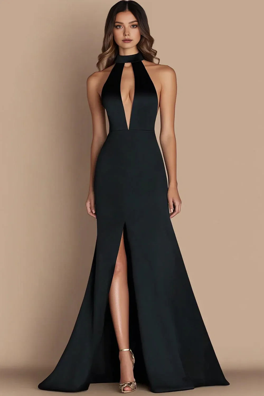 A-Line Halter Neck Sleeveless Floor-Length Evening Dress