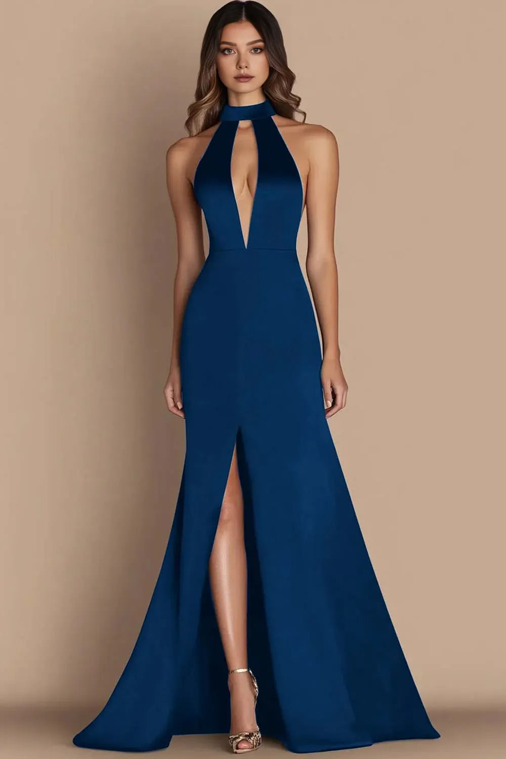 A-Line Halter Neck Sleeveless Floor-Length Evening Dress