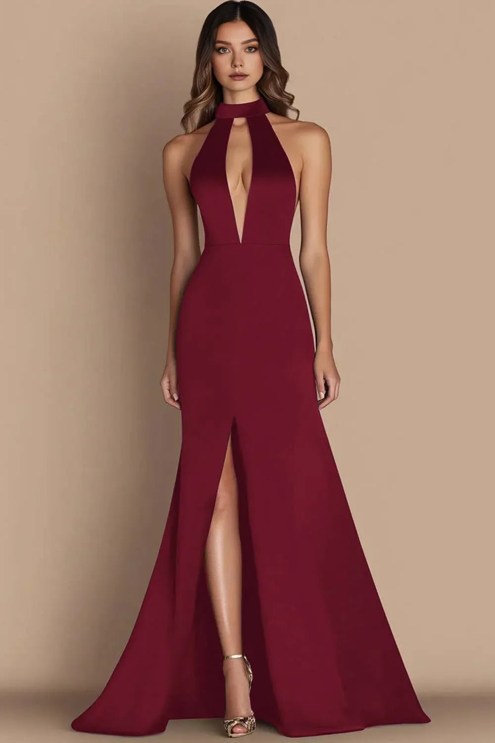 A-Line Halter Neck Sleeveless Floor-Length Evening Dress