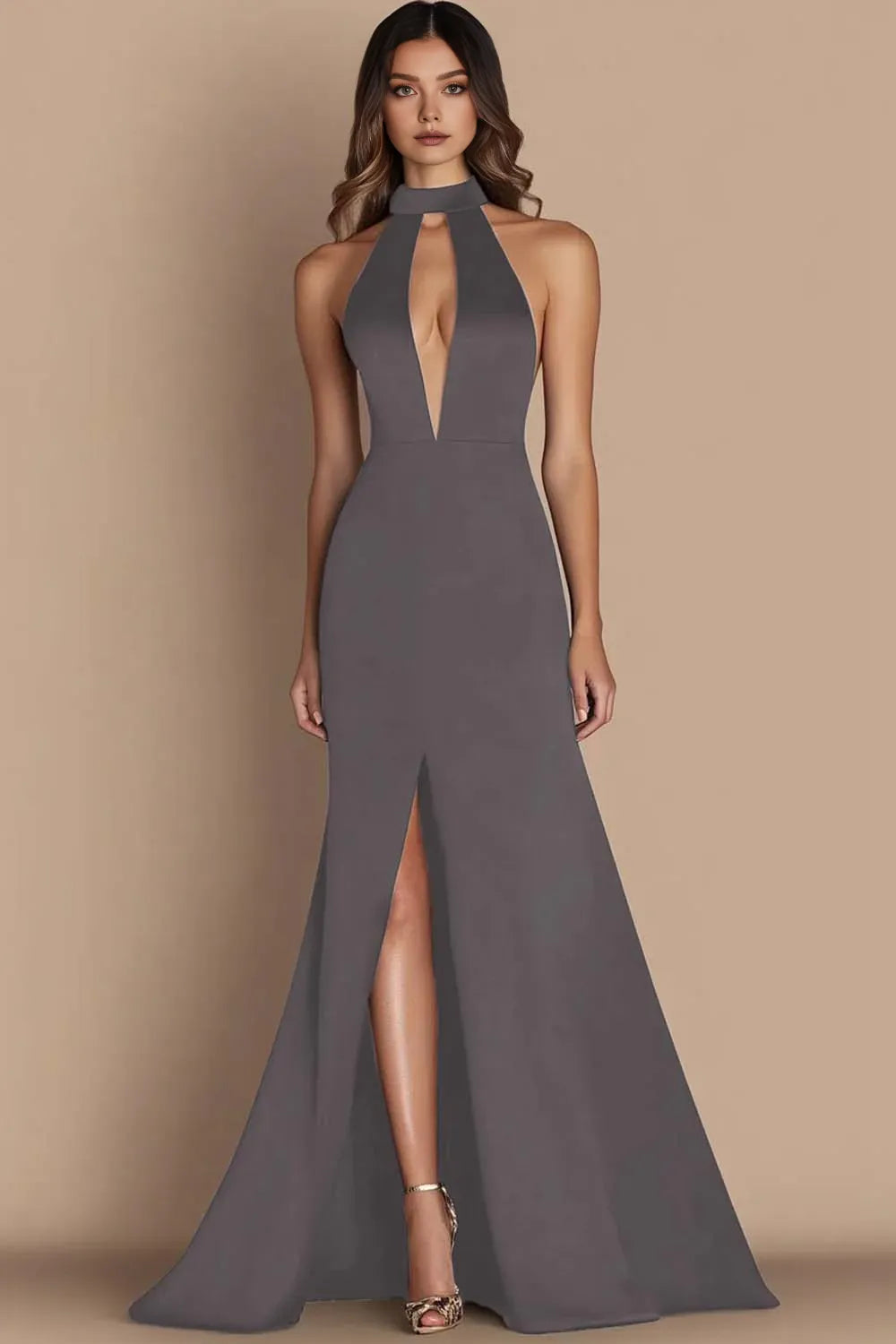 A-Line Halter Neck Sleeveless Floor-Length Evening Dress