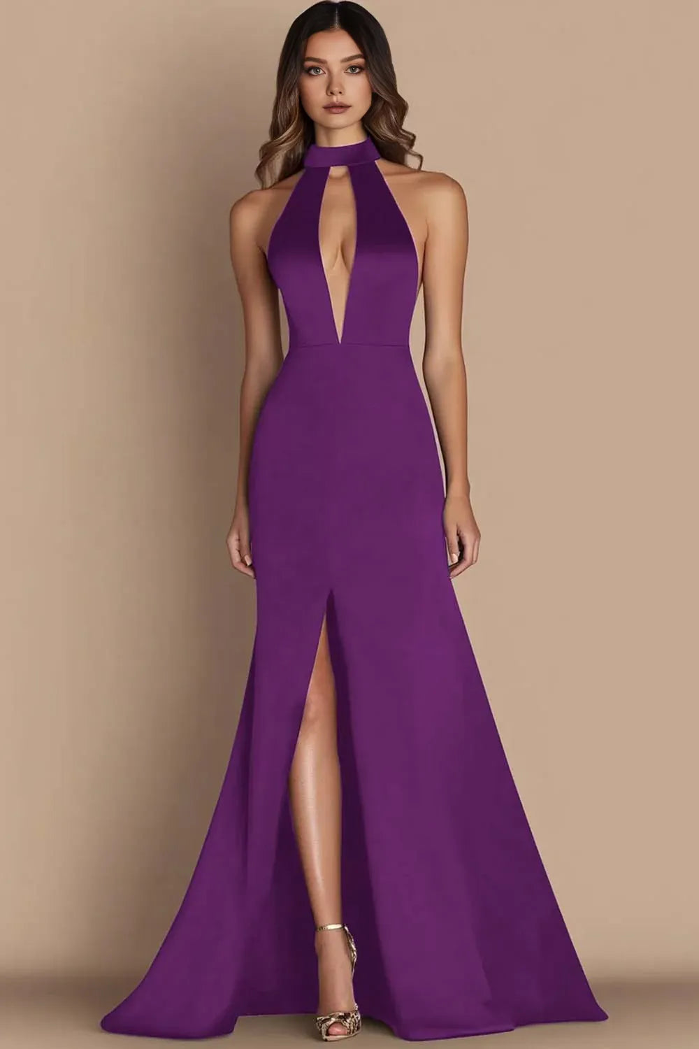 A-Line Halter Neck Sleeveless Floor-Length Evening Dress