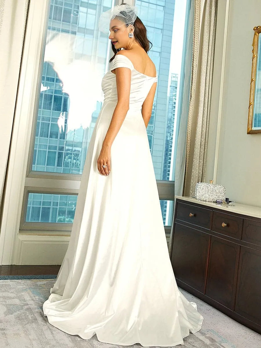 A-Line Off Shoulder Cap Sleeve Backless Floor-Length Prom Dress