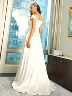 A-Line Off Shoulder Cap Sleeve Backless Floor-Length Prom Dress