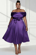 A-Line Off The Shoulder Cap Sleeve Midi Length Plus Size Prom Dress