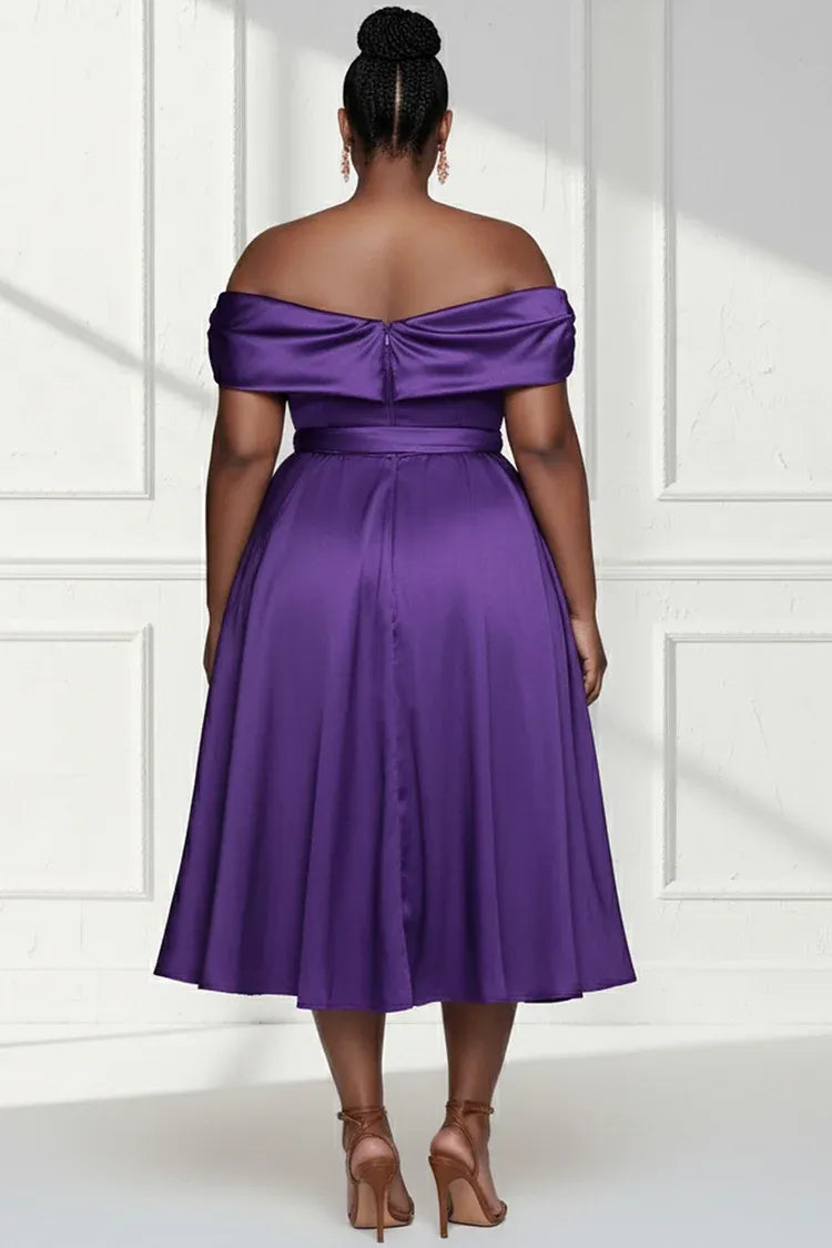 A-Line Off The Shoulder Cap Sleeve Midi Length Plus Size Prom Dress