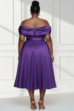 A-Line Off The Shoulder Cap Sleeve Midi Length Plus Size Prom Dress