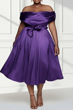 A-Line Off The Shoulder Cap Sleeve Midi Length Plus Size Prom Dress