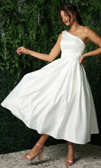A-Line One-Shoulder Sleeveless Tea-Length Prom Dress