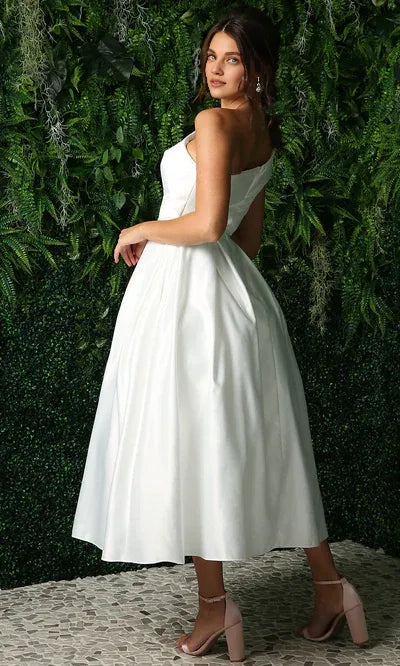 A-Line One-Shoulder Sleeveless Tea-Length Prom Dress