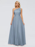 Simple A-Line One-shoulder Sleeveless Chiffon Pleated Floor-Length Bridesmaid Dress