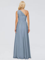 Simple A-Line One-shoulder Sleeveless Chiffon Pleated Floor-Length Bridesmaid Dress