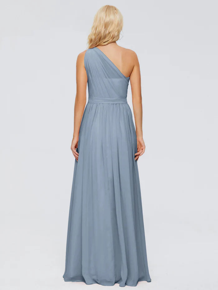 Simple A-Line One-shoulder Sleeveless Chiffon Pleated Floor-Length Bridesmaid Dress