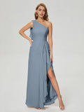 Simple A-Line One Shoulder Sleeveless Chiffon Side Slit Floor-Length Bridesmaid Dress