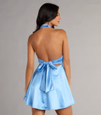 A-Line Plunge Halter Neck Sleeveless Lace-up Back Short-Mini Homecoming Dresses