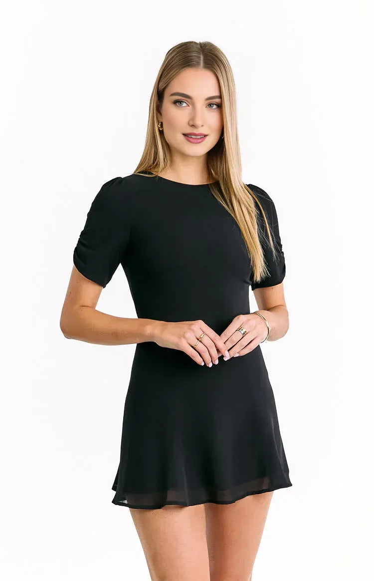 A-Line/Princess High Neck Short Sleeve Keyhole Cutout Back Above Knee Homecoming Dress