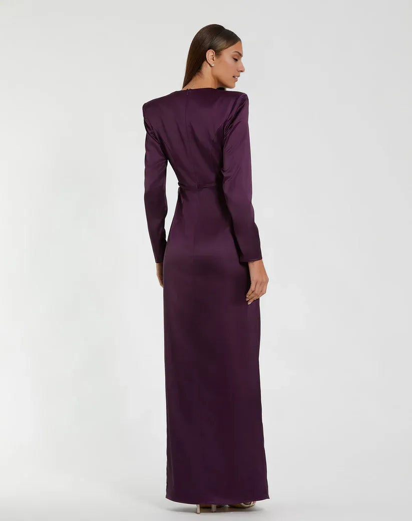 A-Line Round Neck Long Sleeve Zipper Up Floor-Length Prom Dress