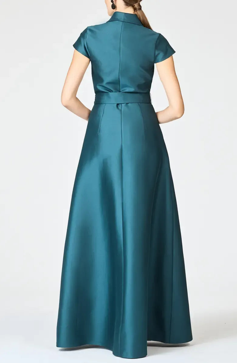A-Line Shirt Collared Cap Sleeve Floor-Length Mother of the Bride Dress