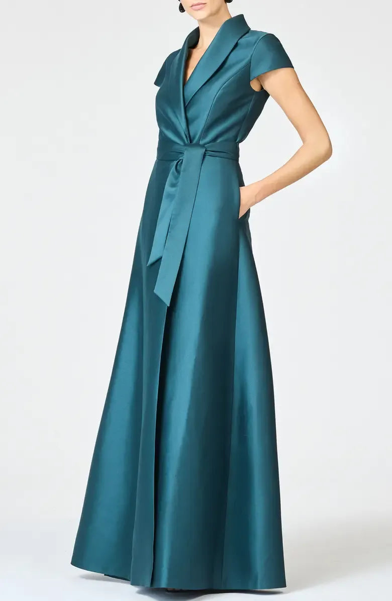 A-Line Shirt Collared Cap Sleeve Floor-Length Mother of the Bride Dress