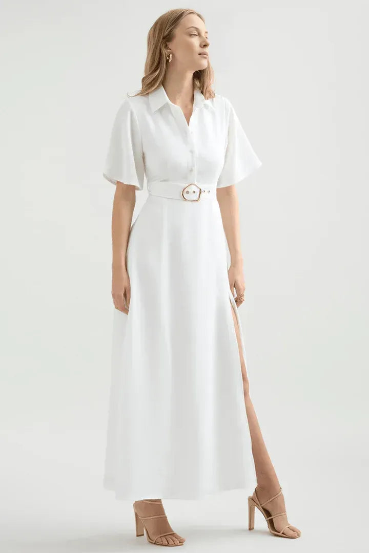 A-Line Shirt Collared Short Sleeves High Split Floor-Length Wedding Dress