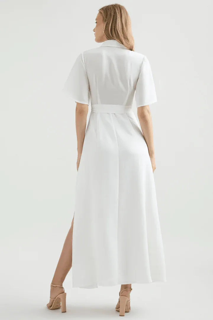 A-Line Shirt Collared Short Sleeves High Split Floor-Length Wedding Dress