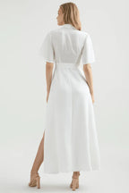 A-Line Shirt Collared Short Sleeves High Split Floor-Length Wedding Dress