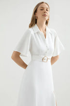 A-Line Shirt Collared Short Sleeves High Split Floor-Length Wedding Dress