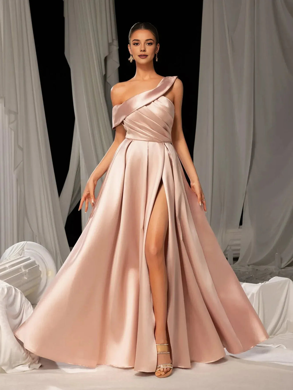 A-Line Sloping Neck Sleeveless Zipper Up Floor-Length Prom Dress