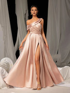 A-Line Sloping Neck Sleeveless Zipper Up Floor-Length Prom Dress