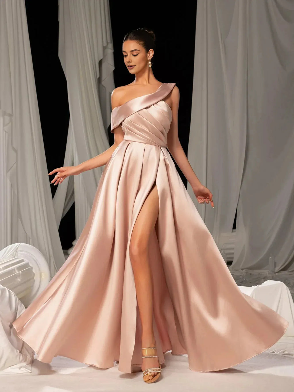 A-Line Sloping Neck Sleeveless Zipper Up Floor-Length Prom Dress