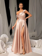 A-Line Sloping Neck Sleeveless Zipper Up Floor-Length Prom Dress